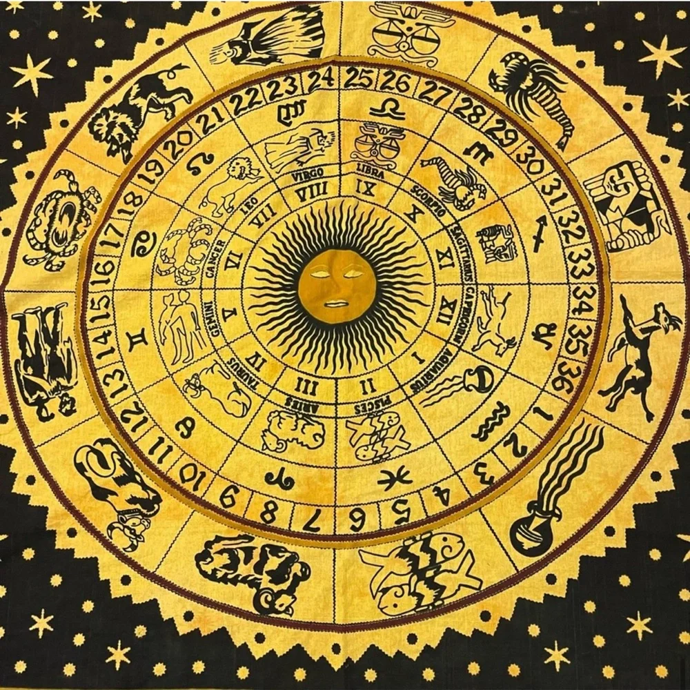 Astrology Zodiac Tapestry Wall Art Moon Phase Indian Cotton Black Yellow Vintage